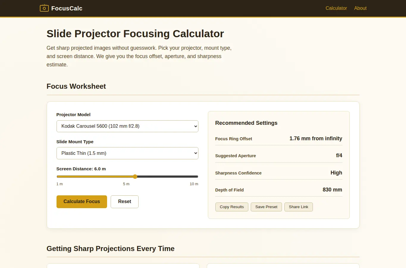 Screenshot of Slide Projector Focusing Calculator interface showing the project page in use